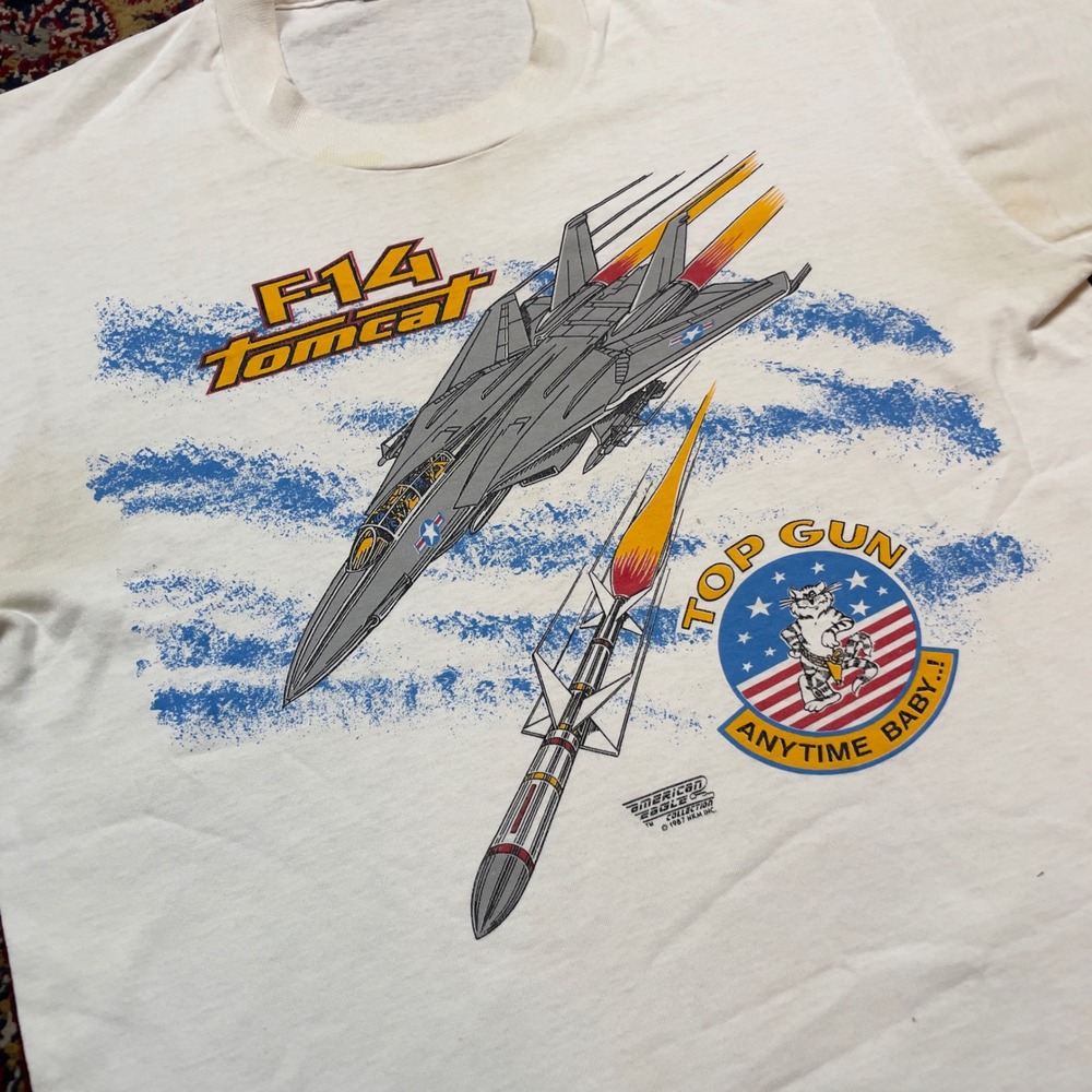 VTG Rare 1987 F-14 Tomcat Top Gun T Shirt Mens Large White Single Stitch 80s USA - Picture 2 of 9